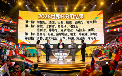 2026世界杯48支参赛球队的分组抽签仪式现场盛况，大屏幕显示分组结果